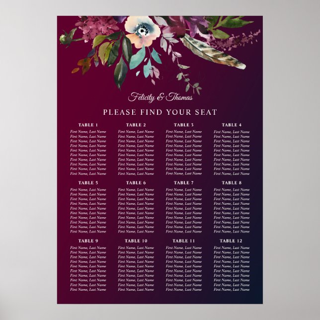 Burgundy Floral Wedding Seating Chart Template (Front)