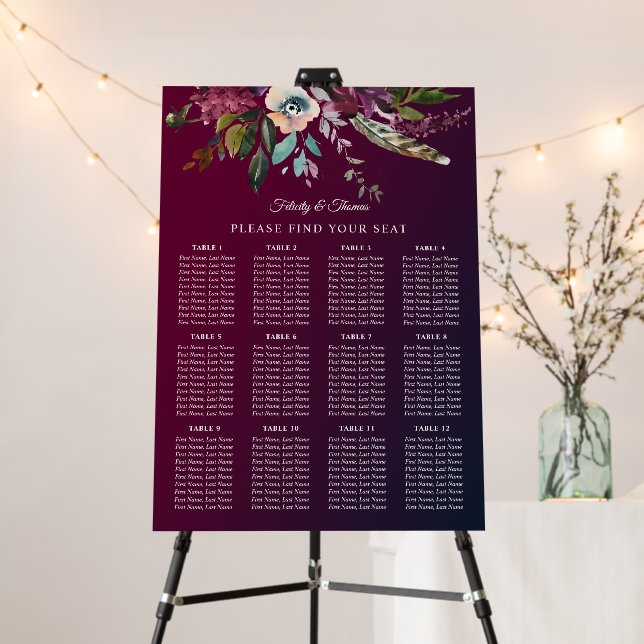 Burgundy Floral Wedding Seating Chart Template Foam Board (In Situ (Stand))