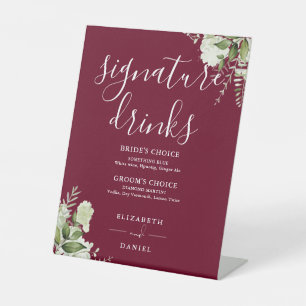 Burgundy Floral Wedding Signature Drinks Pedestal Sign