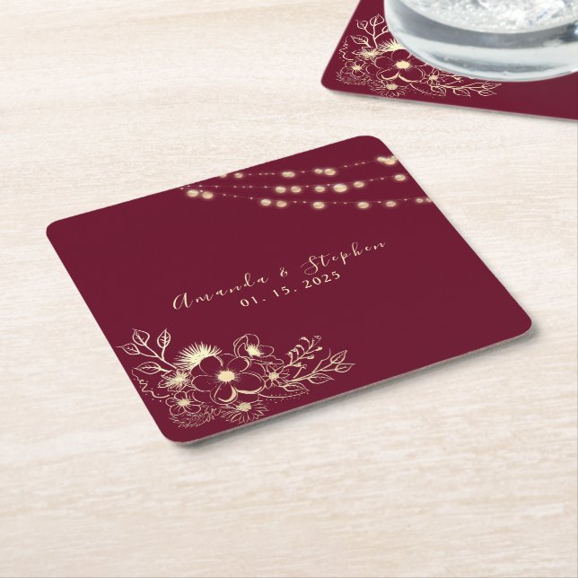 Burgundy Floral Wedding Square Coaster (Angled)