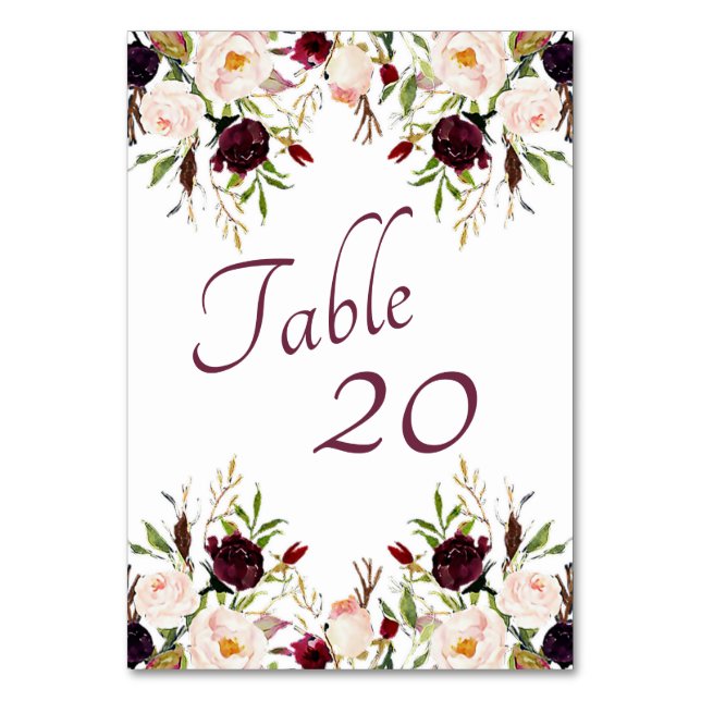 Burgundy Floral Wedding Table Number (Front)