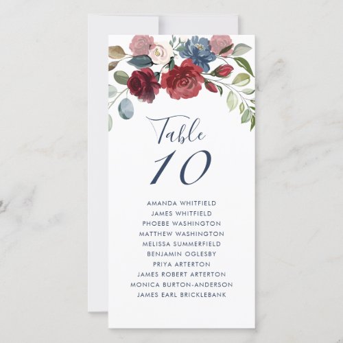 Burgundy Floral Wedding Table Number Seating Card
