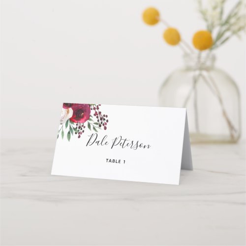 Burgundy Floral Wedding Tent Place Card