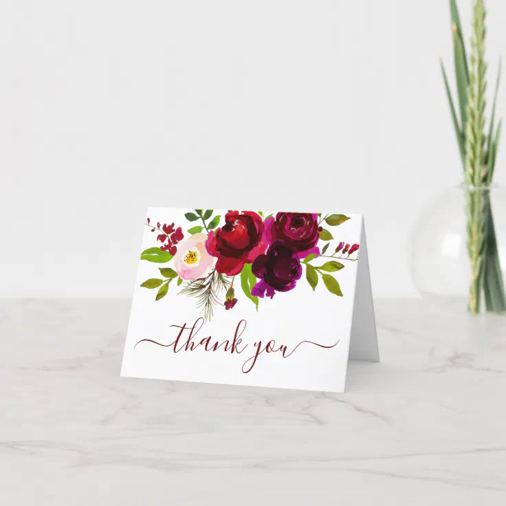 Burgundy Floral Wedding Thank You Card | Zazzle