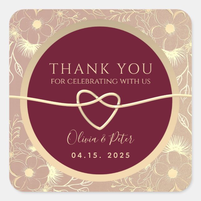 Burgundy Floral Wedding Thank You Favor Square Sticker (Front)