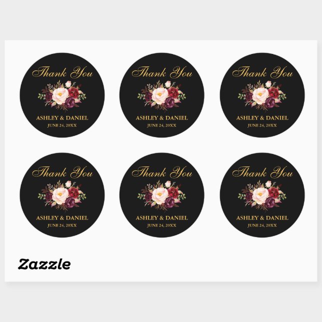 Burgundy Floral Wedding Thank You Gold Black Classic Round Sticker (Sheet)