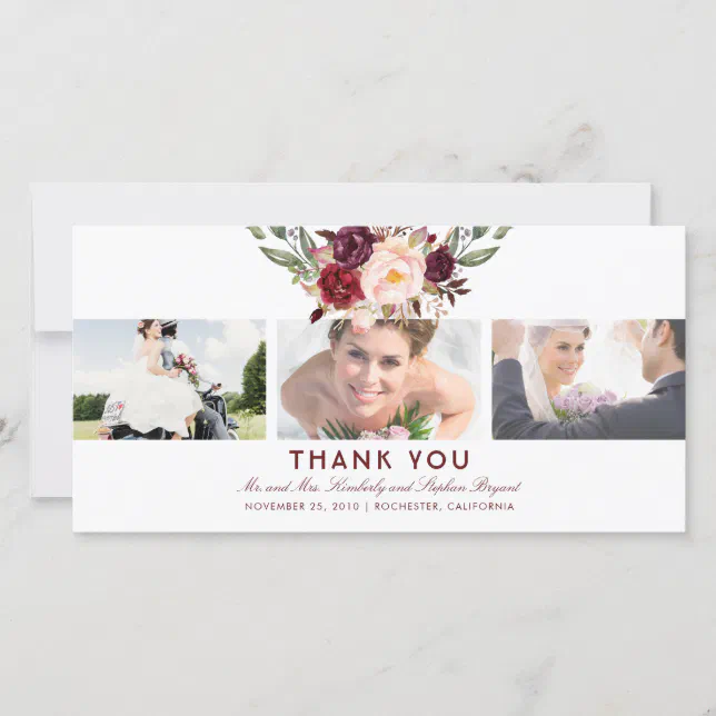 Burgundy Floral Wedding Thank You Photo Zazzle