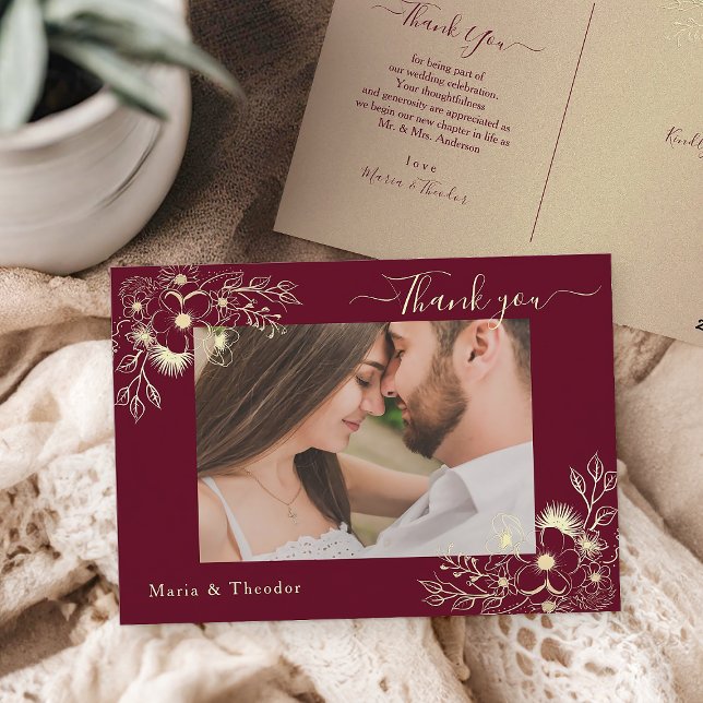 Burgundy Floral Wedding Thank You Photo Card (Creator Uploaded)