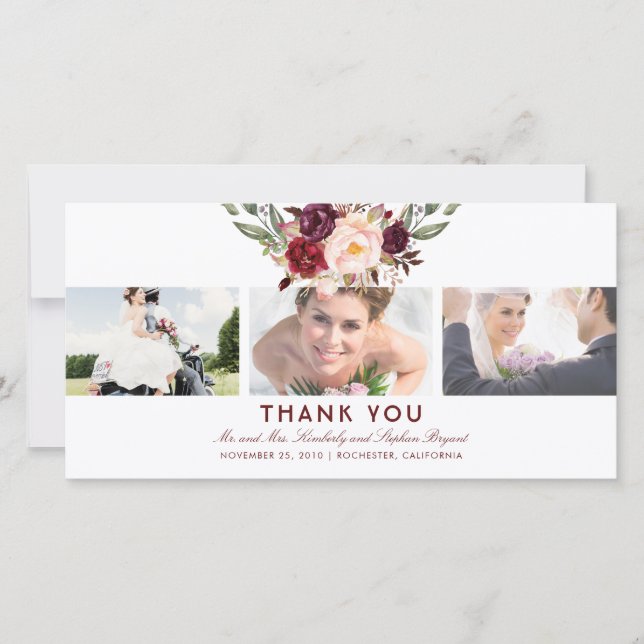 Burgundy Floral Wedding Thank You Photo Card (Front)