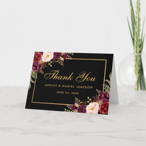 Burgundy Floral Wedding Thanks Black Fold Card