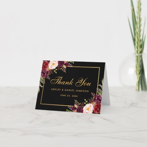 Burgundy Floral Wedding Thanks Black Note Card