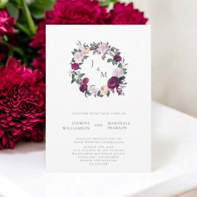 Burgundy floral wedding theme elegant monogram  invitation (casual wedding invitation with burgandy floral monogram ,tie  the knot in style )