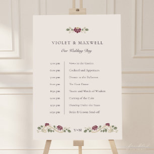 Burgundy Floral Wedding Timeline Sign