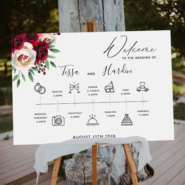 Burgundy Floral Wedding Timeline Welcome Sign (Creator Uploaded)