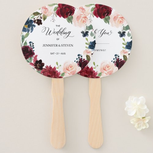 Burgundy Floral Wedding Welcome Hand Fan