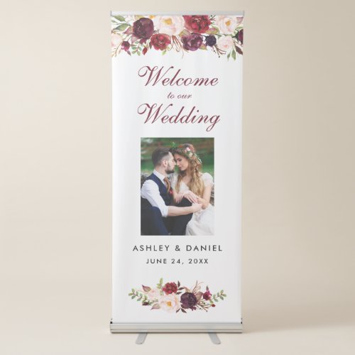 Burgundy Floral Wedding Welcome Photo Retractable Banner