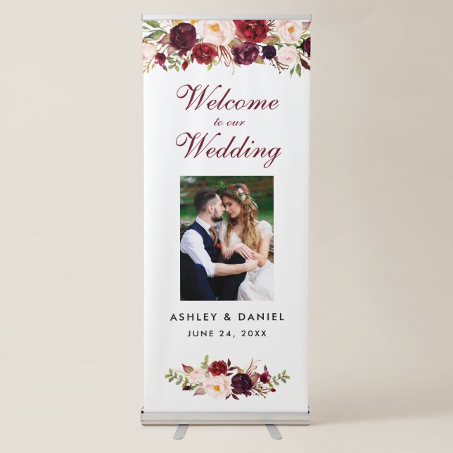 Burgundy Floral Wedding Welcome Photo Retractable Banner (Front)
