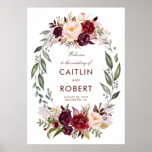 Burgundy Floral Wedding Welcome Poster (Front)