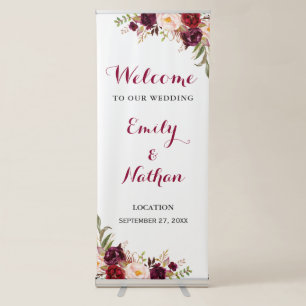 Burgundy Floral Wedding Welcome Retractable Banner