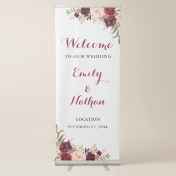 Burgundy Floral Wedding Welcome Retractable Banner by LittleBayleigh at Zazzle