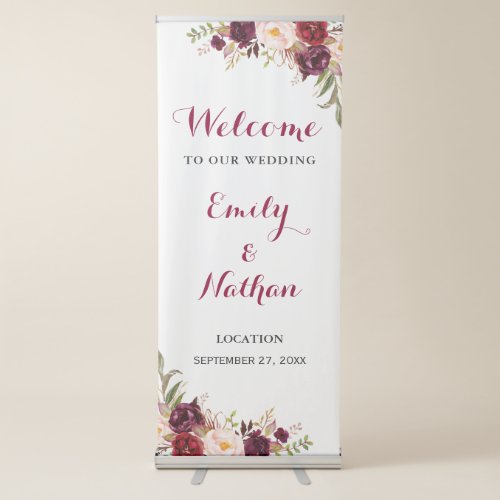 Burgundy Floral Wedding Welcome Retractable Banner
