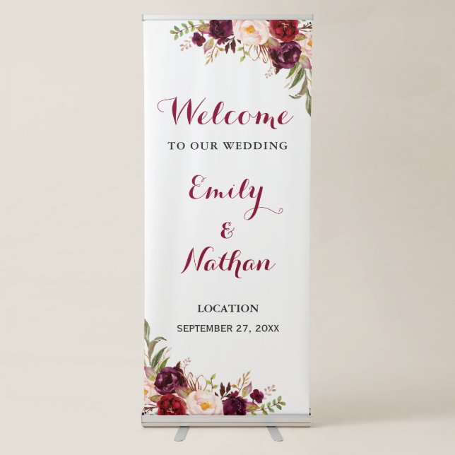 Burgundy Floral Wedding Welcome Retractable Banner (Front)