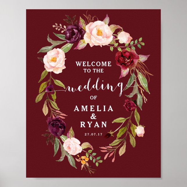 Burgundy Floral Wedding Welcome Sign (Front)