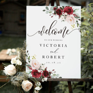Burgundy Floral Wedding Welcome Sign Foam Board
