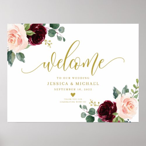 Burgundy Floral Wedding Welcome Sign Poster