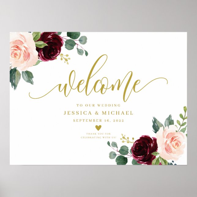 Burgundy Floral Wedding Welcome Sign Poster (Front)