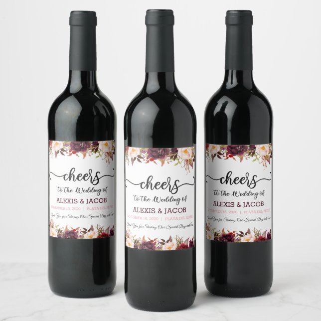 Burgundy Floral Wedding Wine Bottle Label (Bottles)
