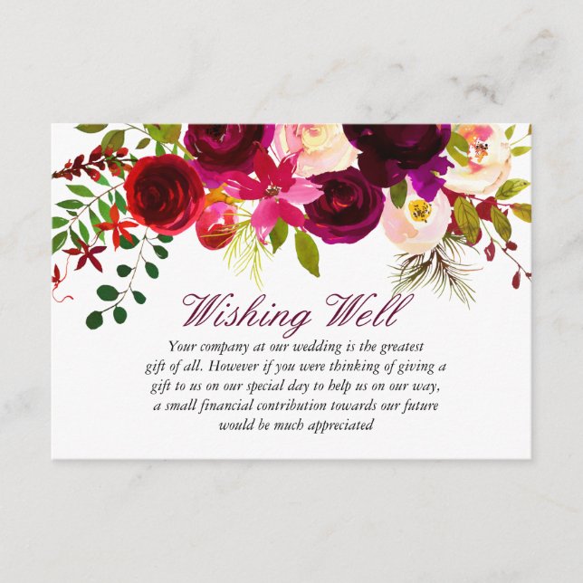 Burgundy Floral Wedding Wishing Well Enclosure Card (Front)