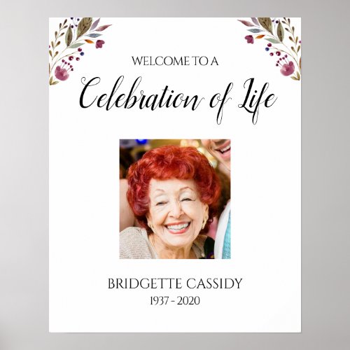 Burgundy Floral Welcome Celebration Of Life Photo Poster