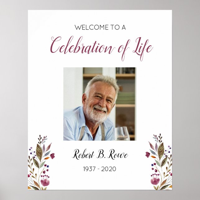 Burgundy Floral Welcome Celebration Of Life Photo Poster (Front)