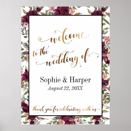 Burgundy Floral Welcome to Wedding Gold Text Sign