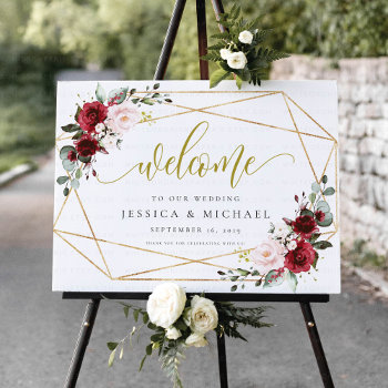 Burgundy Floral Welcome Wedding Sign by Precious_Presents at Zazzle