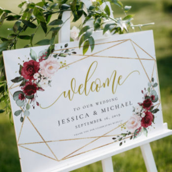 Burgundy Floral Welcome Wedding Sign Foam Board by Precious_Presents at Zazzle