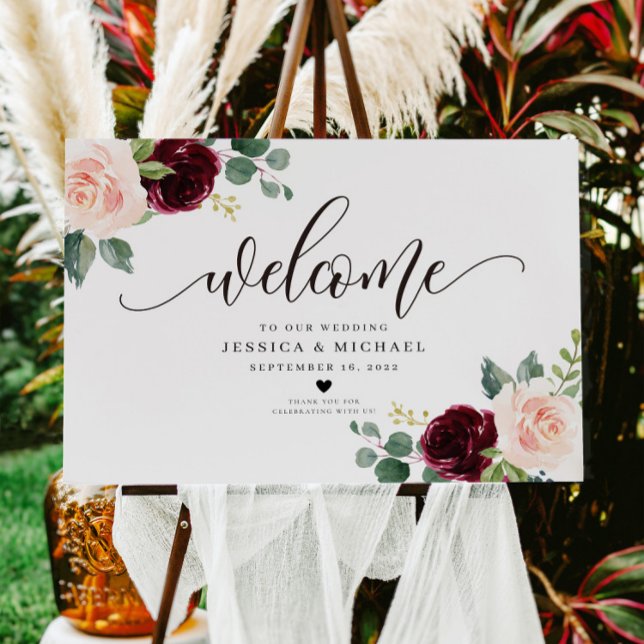 Burgundy Floral Welcome Wedding Sign Poster (Creator Uploaded)