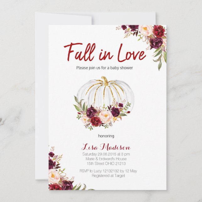 Burgundy Floral White Pumpkin Baby Shower Invitation (Front)