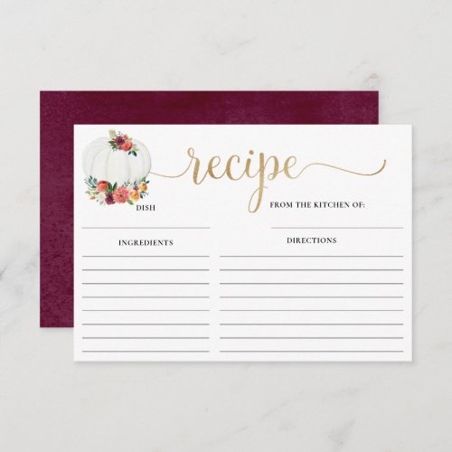 Burgundy floral white pumpkin bridal shower recipe enclosure card