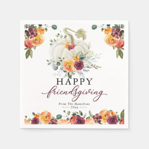 Burgundy Floral White Pumpkin Friendsgiving Napkin
