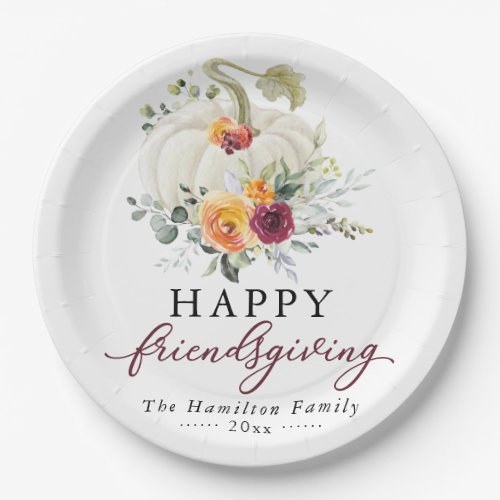 Burgundy Floral White Pumpkin Friendsgiving Paper Plates