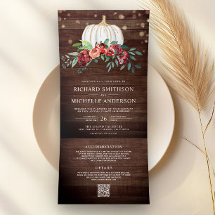 Burgundy Floral White Pumpkin QR Code Wood Wedding Tri-Fold Invitation