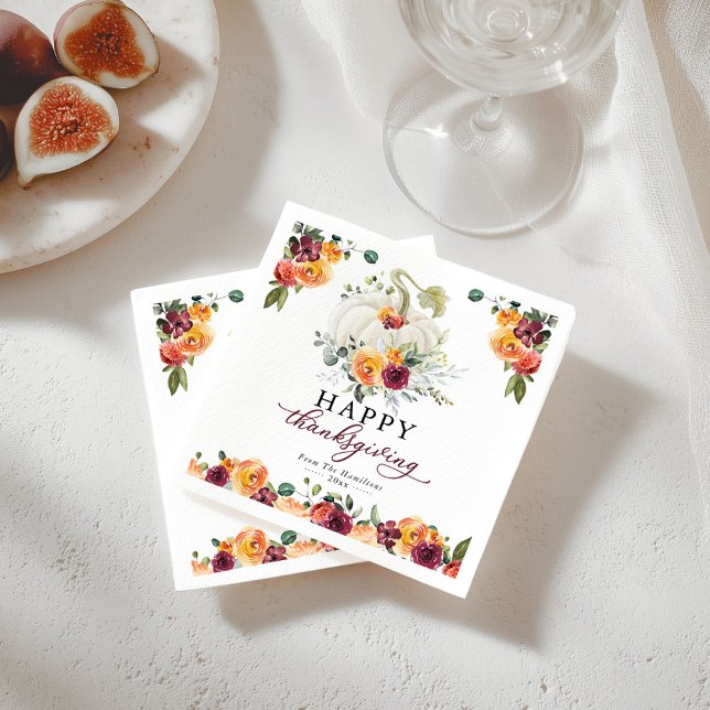 Burgundy Floral White Pumpkin Thanksgiving Napkins (Creator Uploaded)