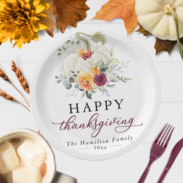 Burgundy Floral White Pumpkin Thanksgiving Paper Plates (Creator Uploaded)
