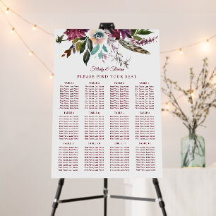 Burgundy Floral White Wedding Seating Chart Foam Board