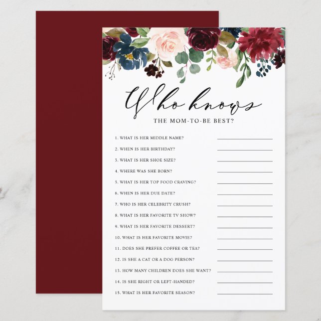 Burgundy Floral Who Knows Mom the Best Shower Game (Front/Back)