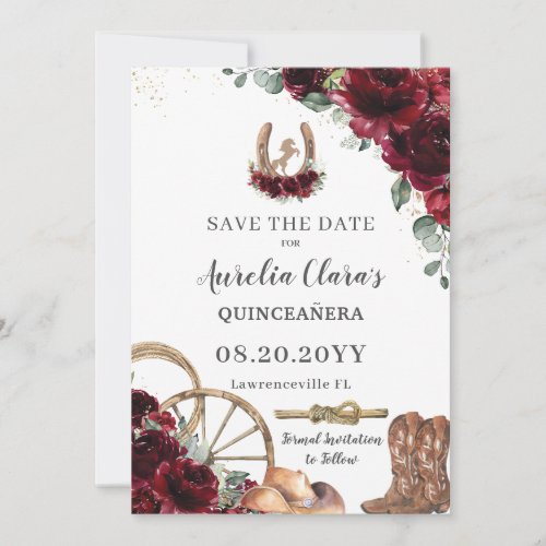 Burgundy Floral Wild West Charro Quinceaera  Save The Date