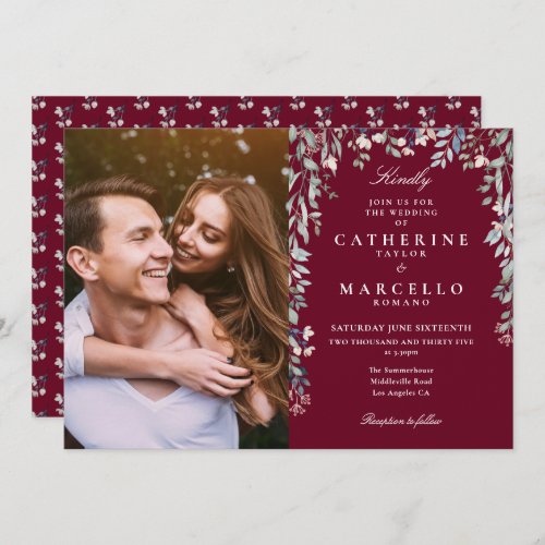 Burgundy Floral Wildflowers Cascade Photo Wedding Invitation