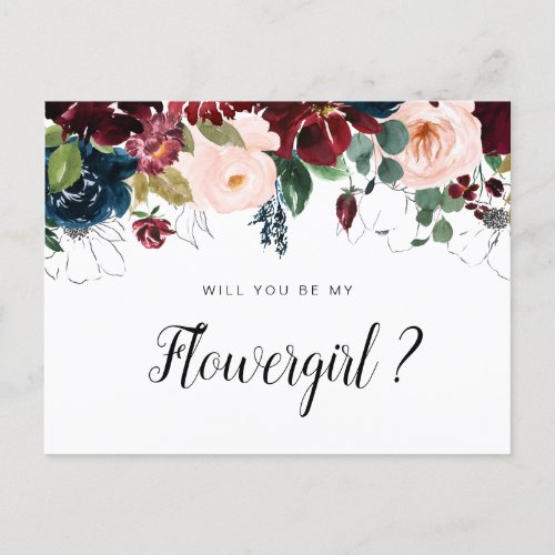 burgundy floral will you be my Flowergirl card